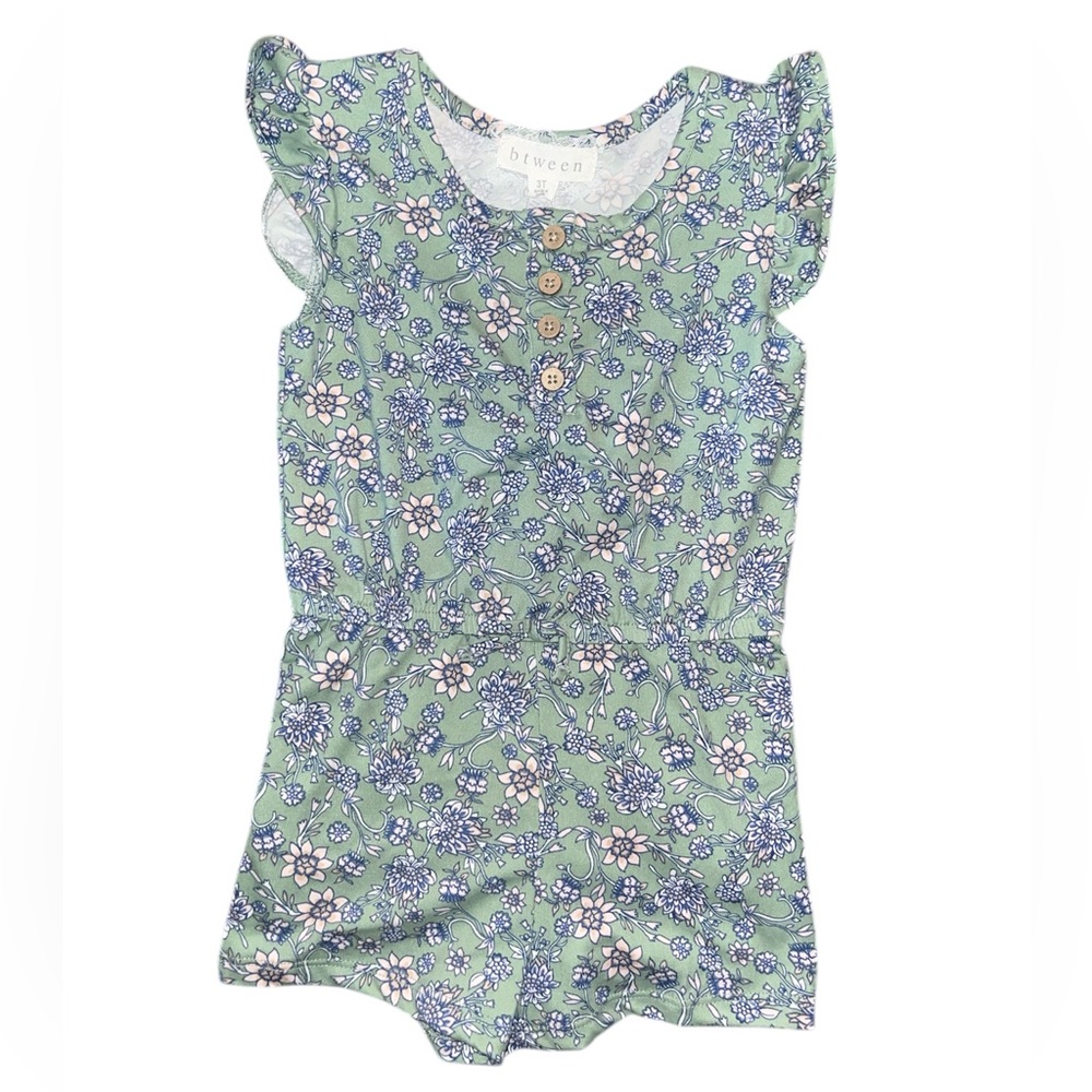 btween Green Floral Ruffle-Sleeve Shorts Romper with Scrunchie